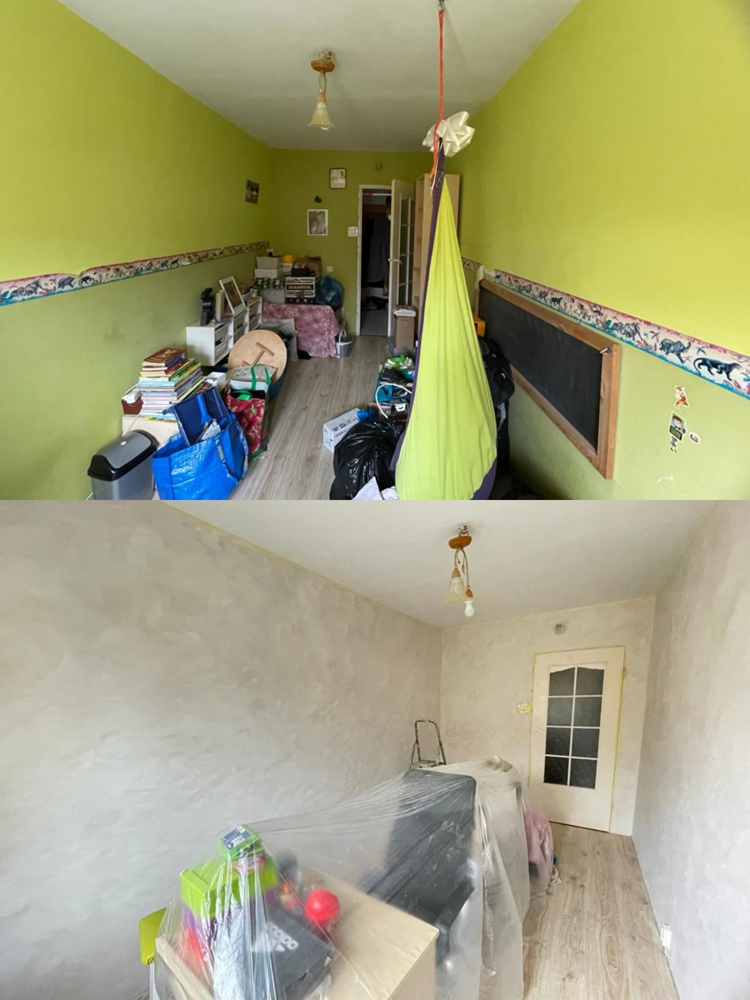 Zdjęcie 'przed i po' przedstawia pokój: górna część ukazuje zagracone wnętrze z zielonymi ścianami, dolna - odnowione, jasne ściany i zabezpieczone meble.