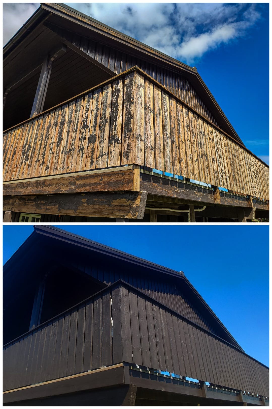 Drewniany budynek z balkonem: górna część przed renowacją, z widocznymi odpryskami farby, dolna część po renowacji, pomalowana na ciemny brąz, na tle błękitnego nieba.