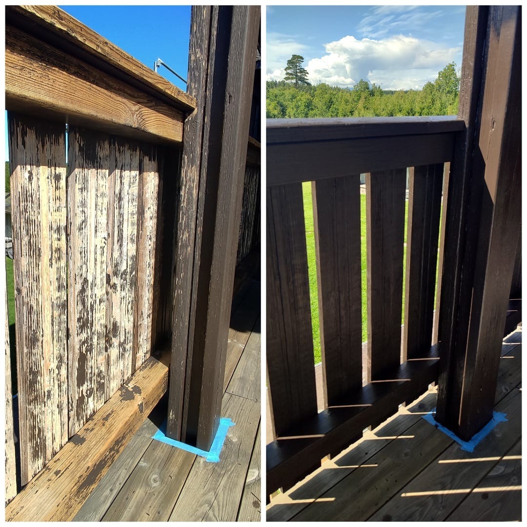 Barierka balkonowa przed i po renowacji. Po lewej: stara, łuszcząca się farba. Po prawej: świeża, brązowa farba. Podłoga zabezpieczona taśmą malarską.