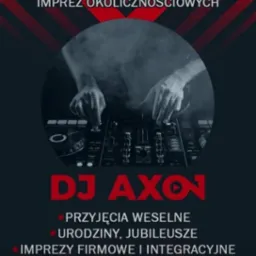 Grafika reklamowa DJ AXON: oprawa muzyczna imprez okolicznościowych, wesela, urodziny, imprezy firmowe, eventy plenerowe i klubowe. Mikser DJ z dłońmi w tle.