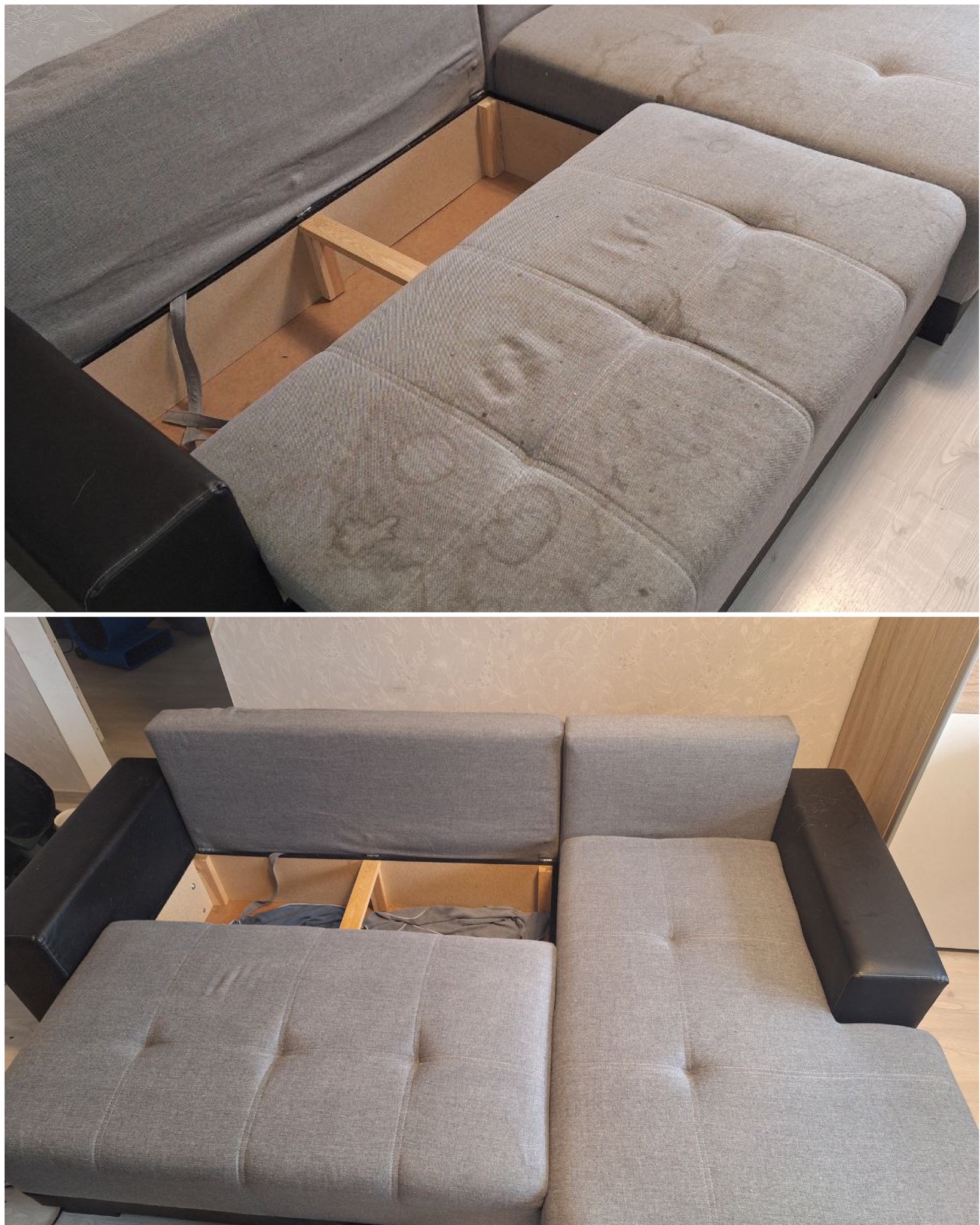 Szara, narożna kanapa z widocznymi plamami na tapicerce i otwartym pojemnikiem na pościel. Widok z góry i z boku. Tapicerka wymaga odświeżenia.