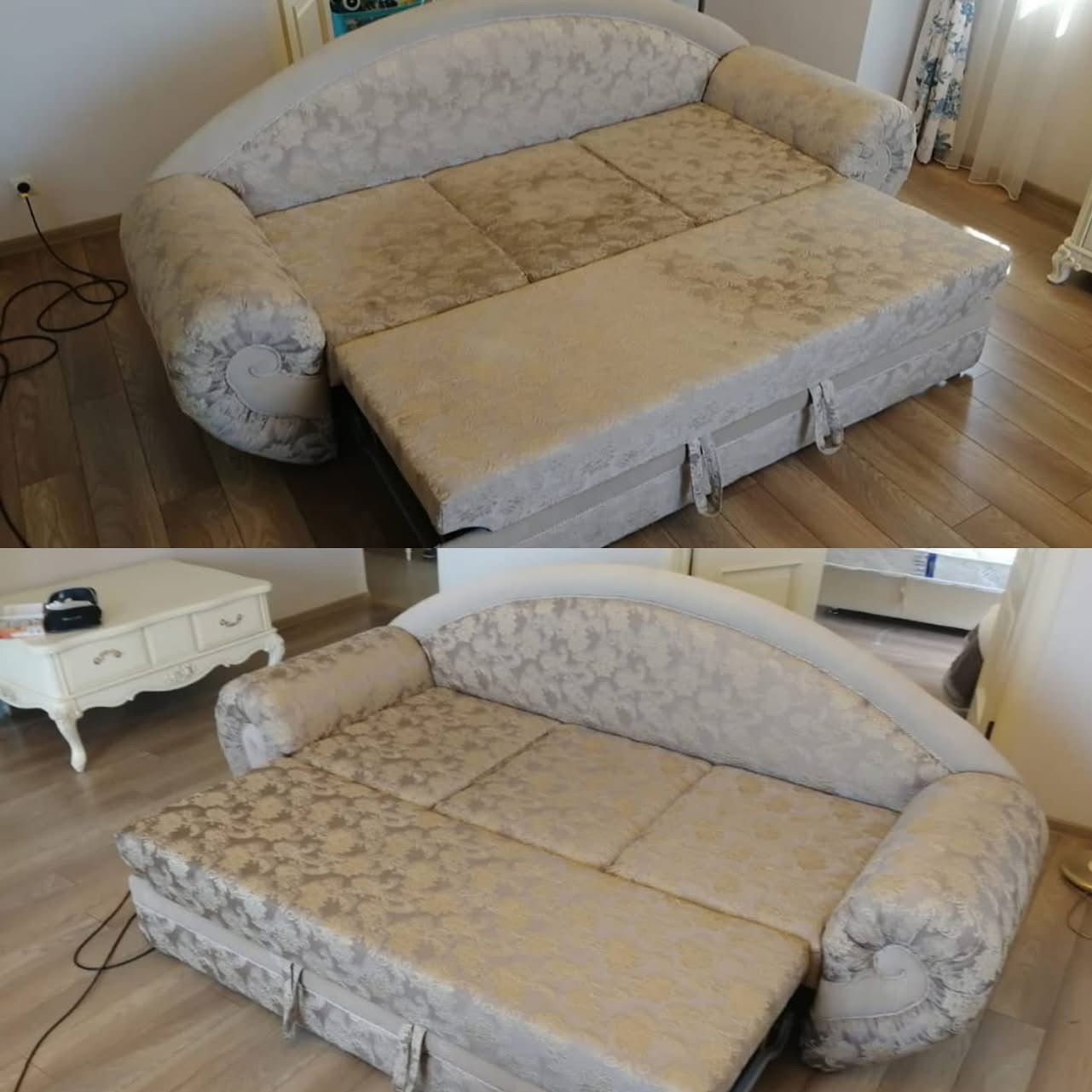 Kolaż 'przed i po' przedstawiający rozłożoną, jasną kanapę z wzorem, z widoczną różnicą w czystości tapicerki po profesjonalnym praniu.