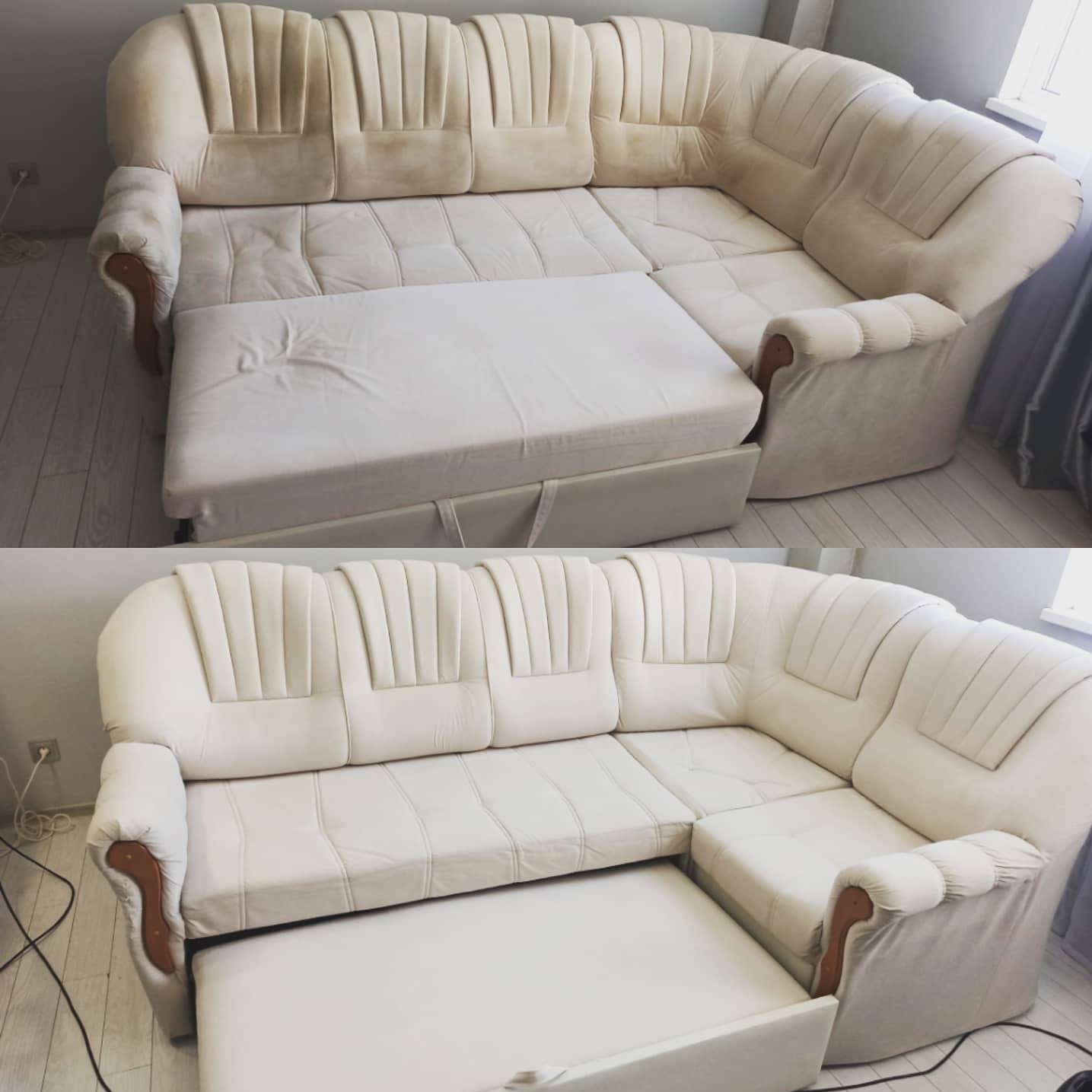 Narożnik z funkcją spania: góra - przed czyszczeniem, widoczne plamy; dół - po, odświeżony, jasny. Efekt usługi na tapicerce meblowej.