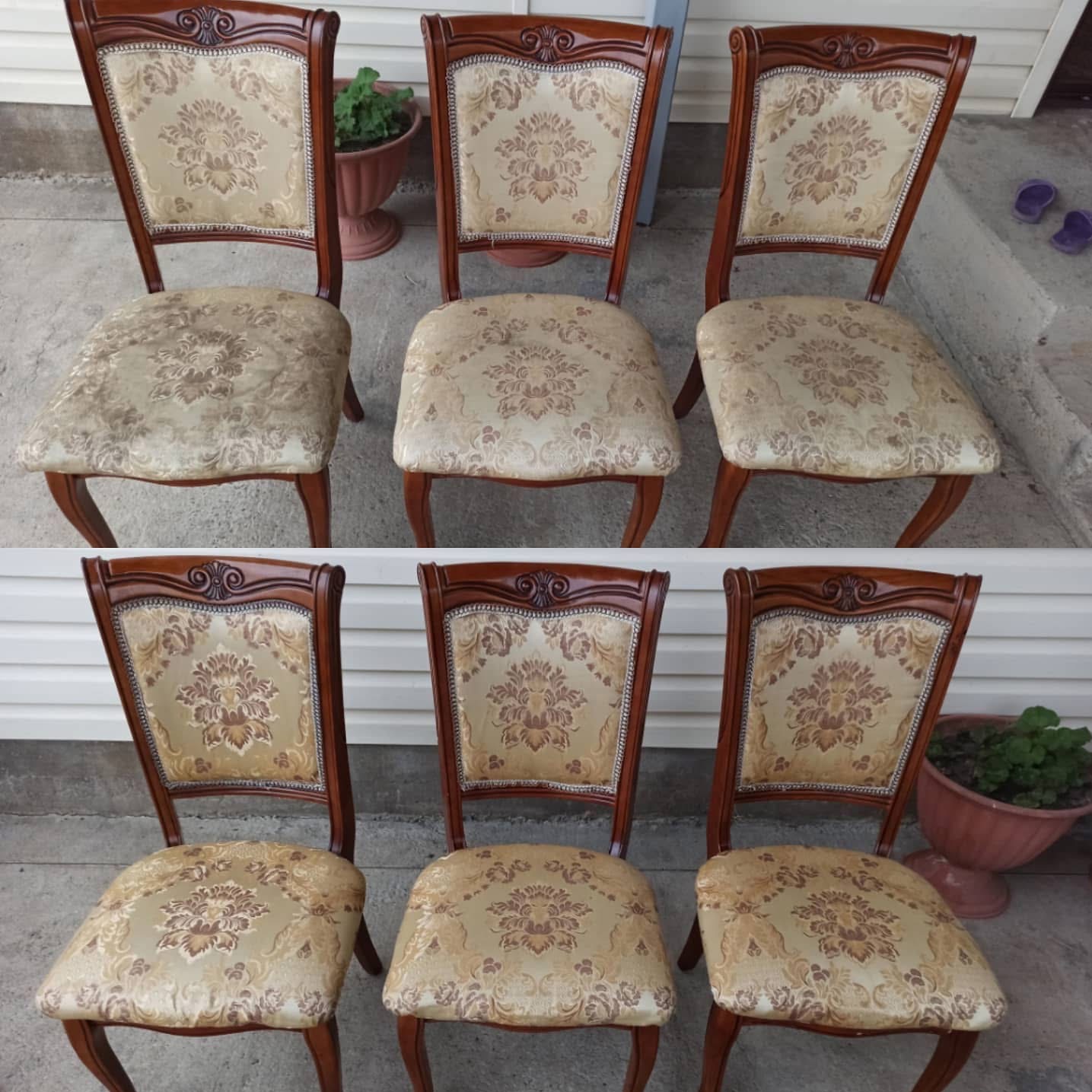 Trzy krzesła w stylu retro przed i po czyszczeniu tapicerki. Widoczne różnice w czystości siedzisk, ukazujące efekt usługi. Drewniane ramy, beżowa tapicerka we wzory.