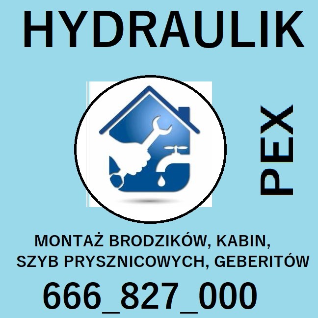 Grafika: Błękitne tło z napisem 'HYDRAULIK', logo hydraulika w okręgu, 'PEX', montaż brodzików, kabin, szyb prysznicowych, geberitów i numer telefonu.