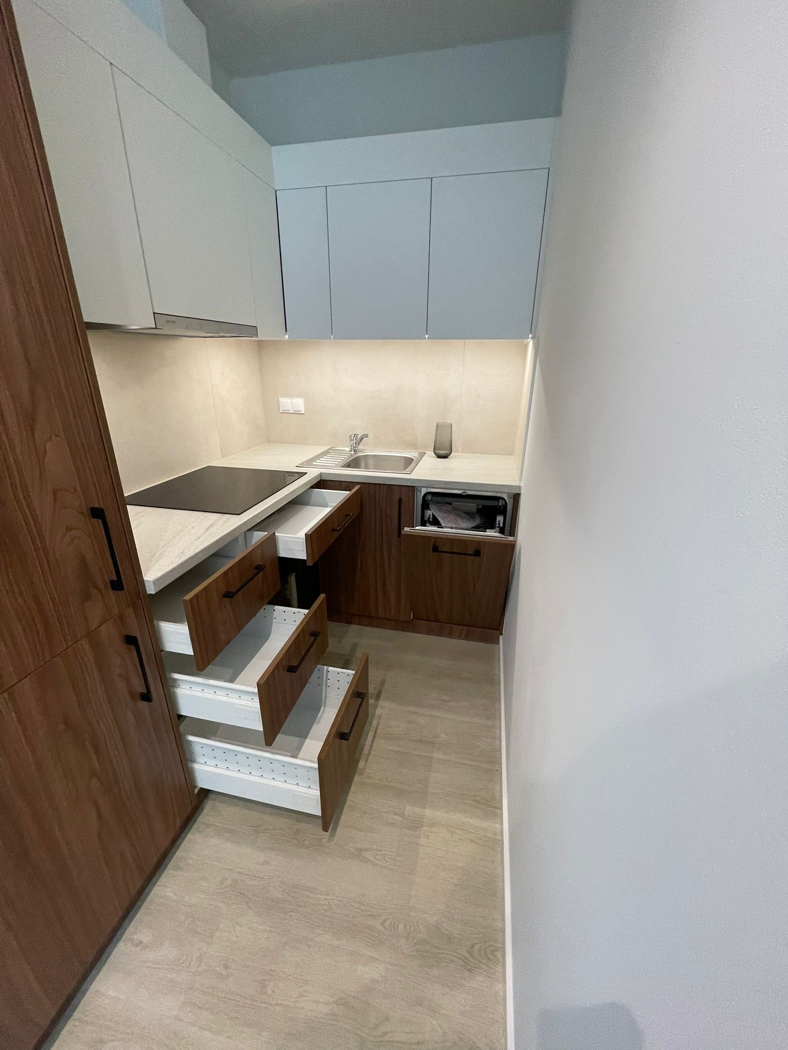 Nowoczesna, kompaktowa kuchnia w odcieniach bieli i drewna z wysuwanymi szufladami, płyta indukcyjna i zintegrowana zmywarka. Jasne, neutralne tło.