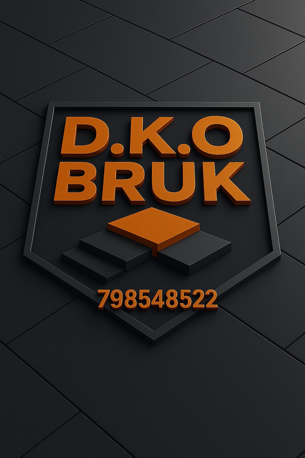 Grafika 3D z nazwą firmy 'D.K.O BRUK' w kolorze pomarańczowym na czarnym tle, z numerem telefonu i motywem kostki brukowej. Minimalistyczny design.