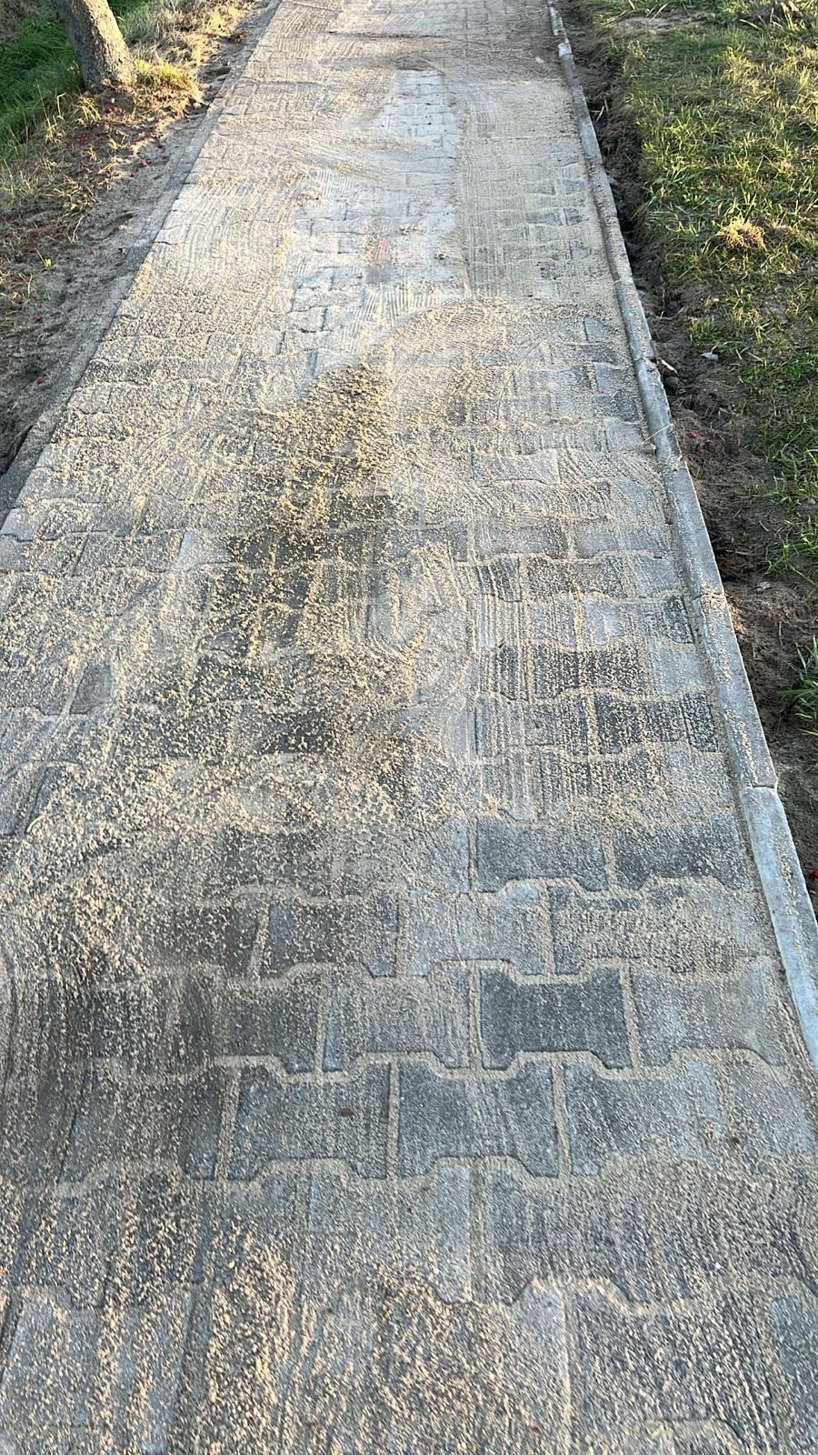 Świeżo ułożona, szara kostka brukowa typu 'psi kość' zasypana piaskiem, tworząca ścieżkę w ogrodzie. Widoczne krawężniki i trawa po bokach.