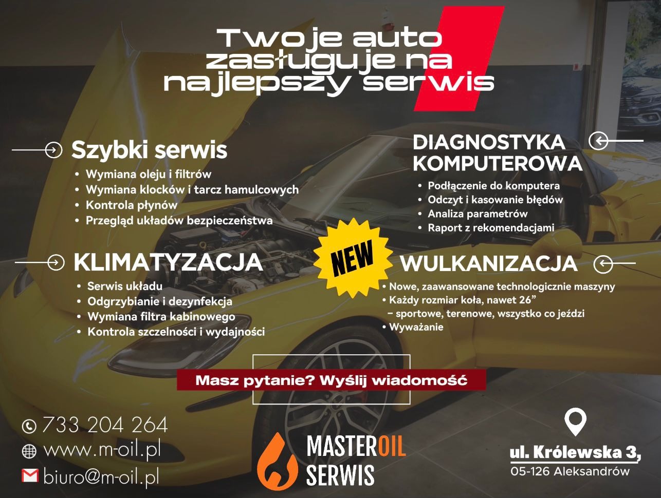 Żółte auto z otwartą maską, oferta warsztatu: szybki serwis, klimatyzacja, diagnostyka komputerowa, wulkanizacja, adres i kontakt. Nowa oferta serwisu.