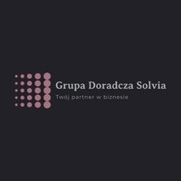 Logo firmy doradczej: fioletowe kropki po lewej, obok napis 'Grupa Doradcza Solvia', pod nim slogan 'Twój partner w biznesie' na ciemnoszarym tle.