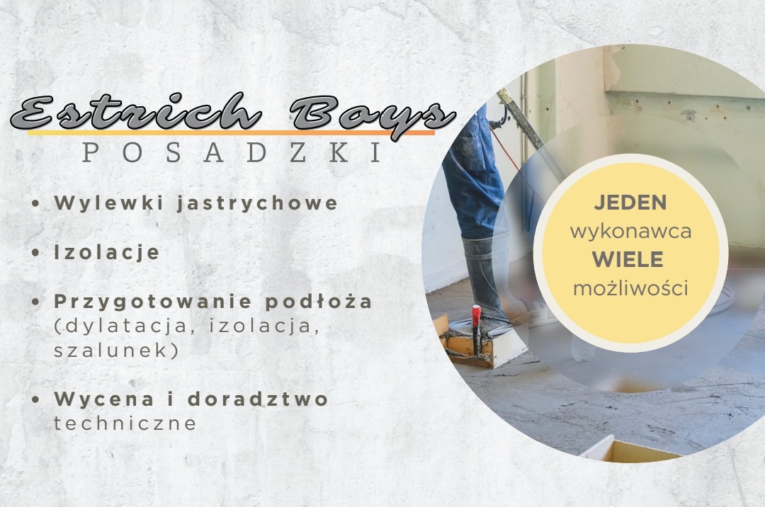 Aplikacja jastrychu: pracownik w gumowych butach wyrównuje wylewkę. W tle logo firmy i oferta: wylewki, izolacje, przygotowanie podłoża, wycena i doradztwo.