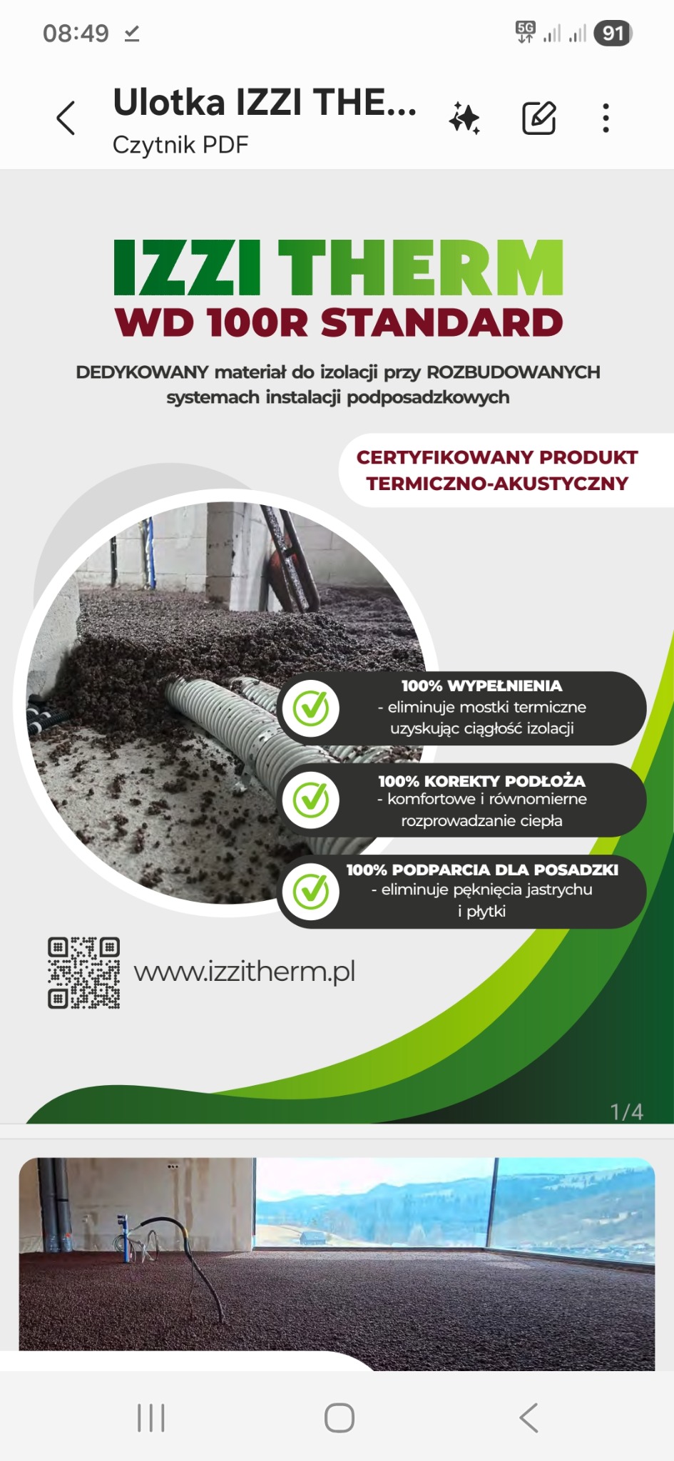 Ulotka reklamowa IZZI THERM WD 100R STANDARD: certyfikowany produkt termo-akustyczny, dedykowany do izolacji podposadzkowej. Widok na izolację pod rury.