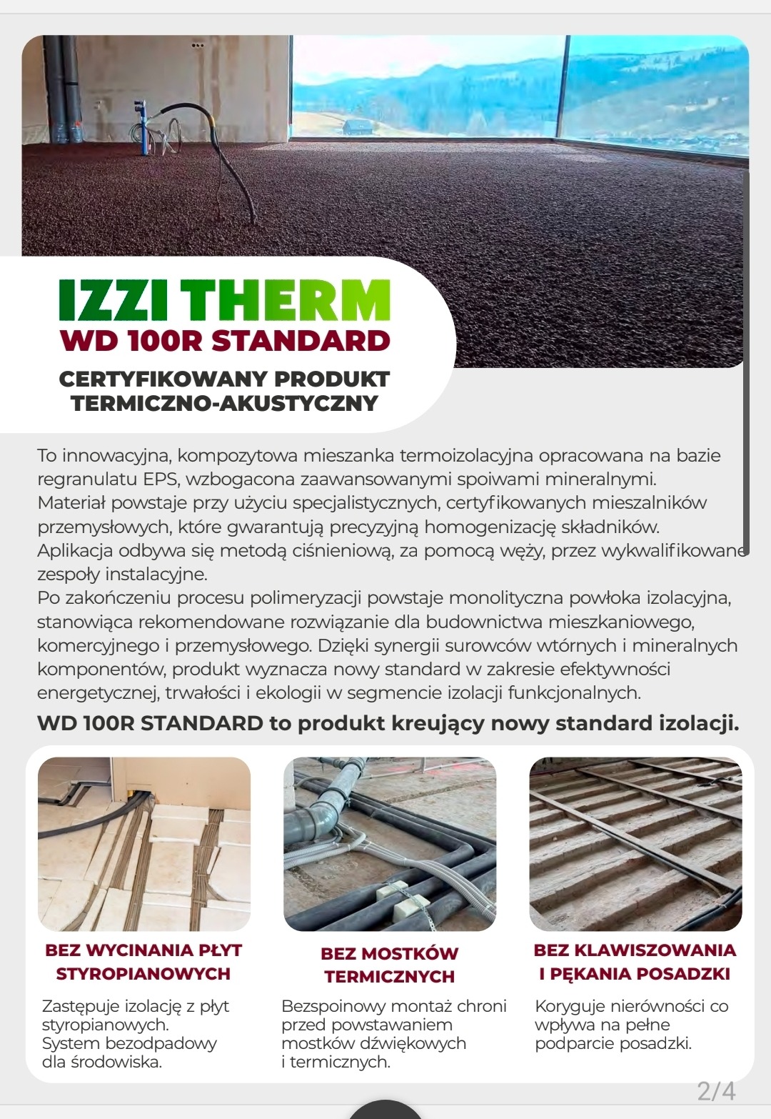 Aplikacja posadzki termoizolacyjnej IZZI THERM WD 100R STANDARD metodą ciśnieniową. Certyfikowany produkt termiczno-akustyczny z widocznym wężem instalacyjnym.