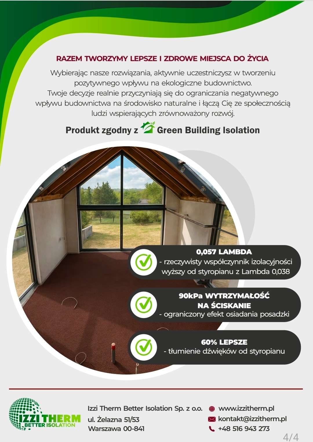 Grafika reklamowa izolacji podłogowej z widokiem wnętrza i parametrami technicznymi. Produkt zgodny z Green Building Isolation.