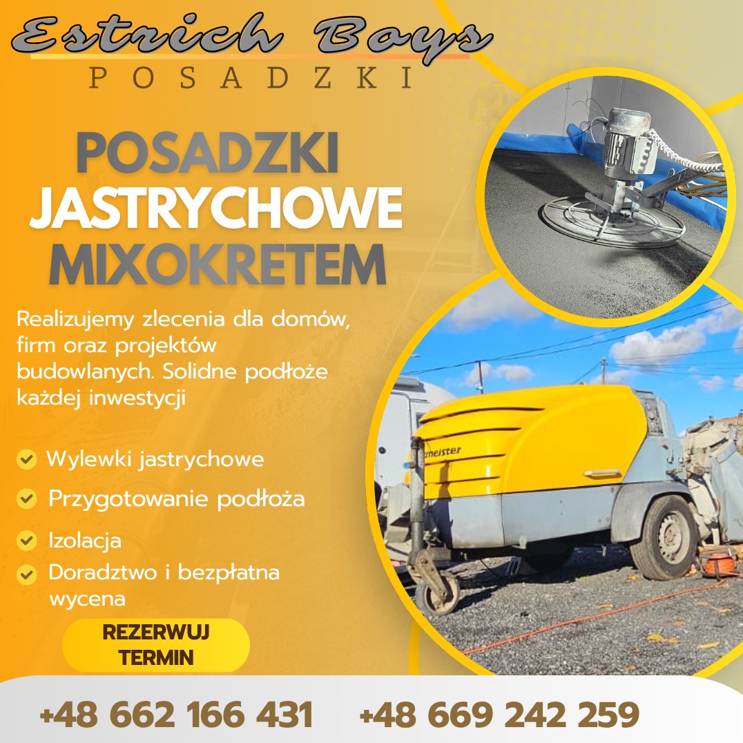 Żółta maszyna do wylewek i zacieraczka do betonu na plakacie reklamowym firmy. W tle wylewka jastrychowa w trakcie zacierania.