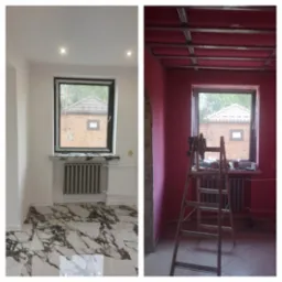 Porównanie: pokój przed i po remoncie. Po lewej wykończone wnętrze z marmurową podłogą, grzejnikiem i oknem. Po prawej surowy stan z rusztowaniem sufitowym i drabiną.