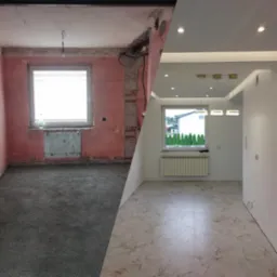 Remont pokoju: widok przed i po. Po lewej surowy stan z wylewką, po prawej odnowione wnętrze z marmurową podłogą, gładzią i oświetleniem.