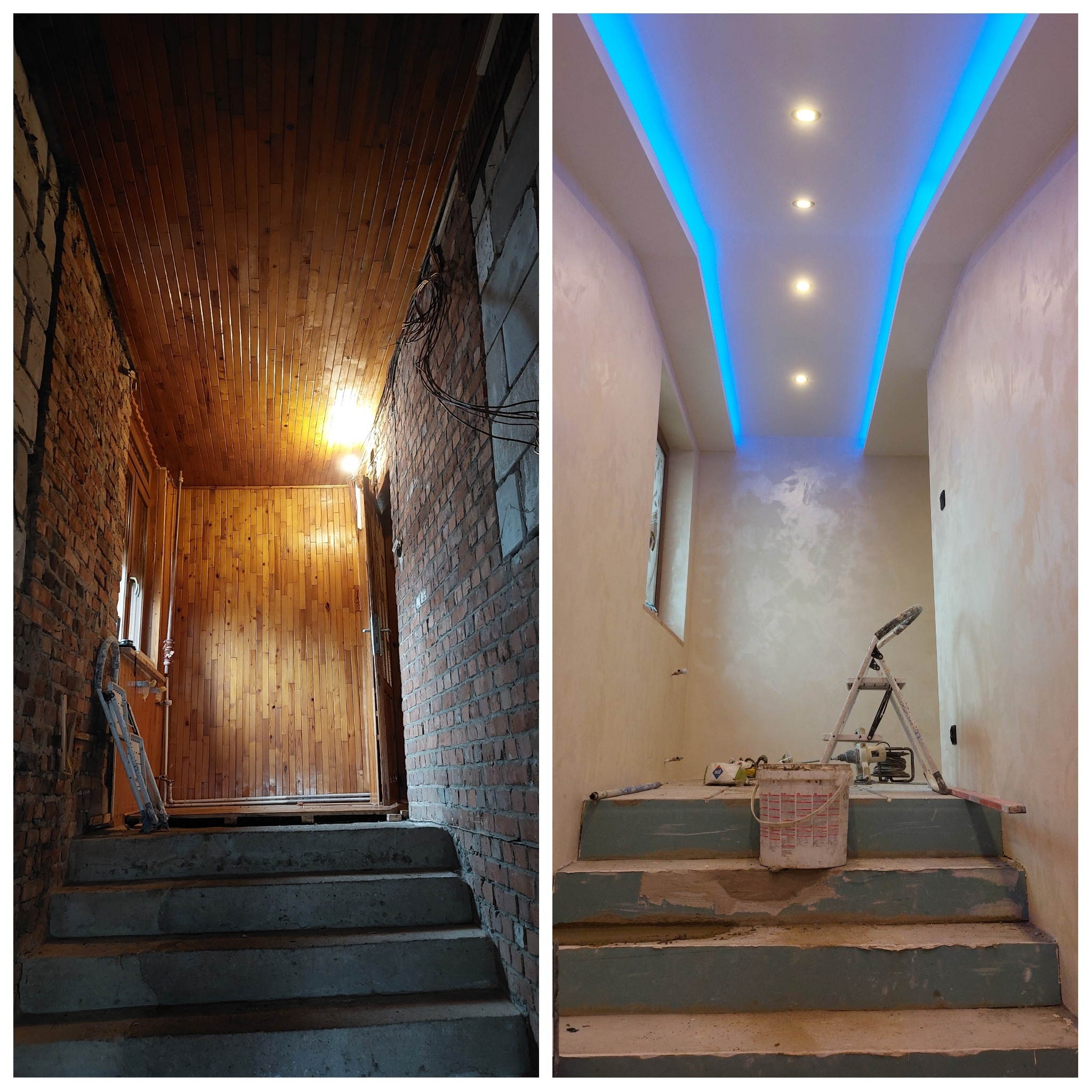 Zdjęcie 'przed i po' remontu klatki schodowej: surowe cegły i drewno vs. gładkie ściany, oświetlenie LED i szpachlowane schody. Widoczne narzędzia i drabina.
