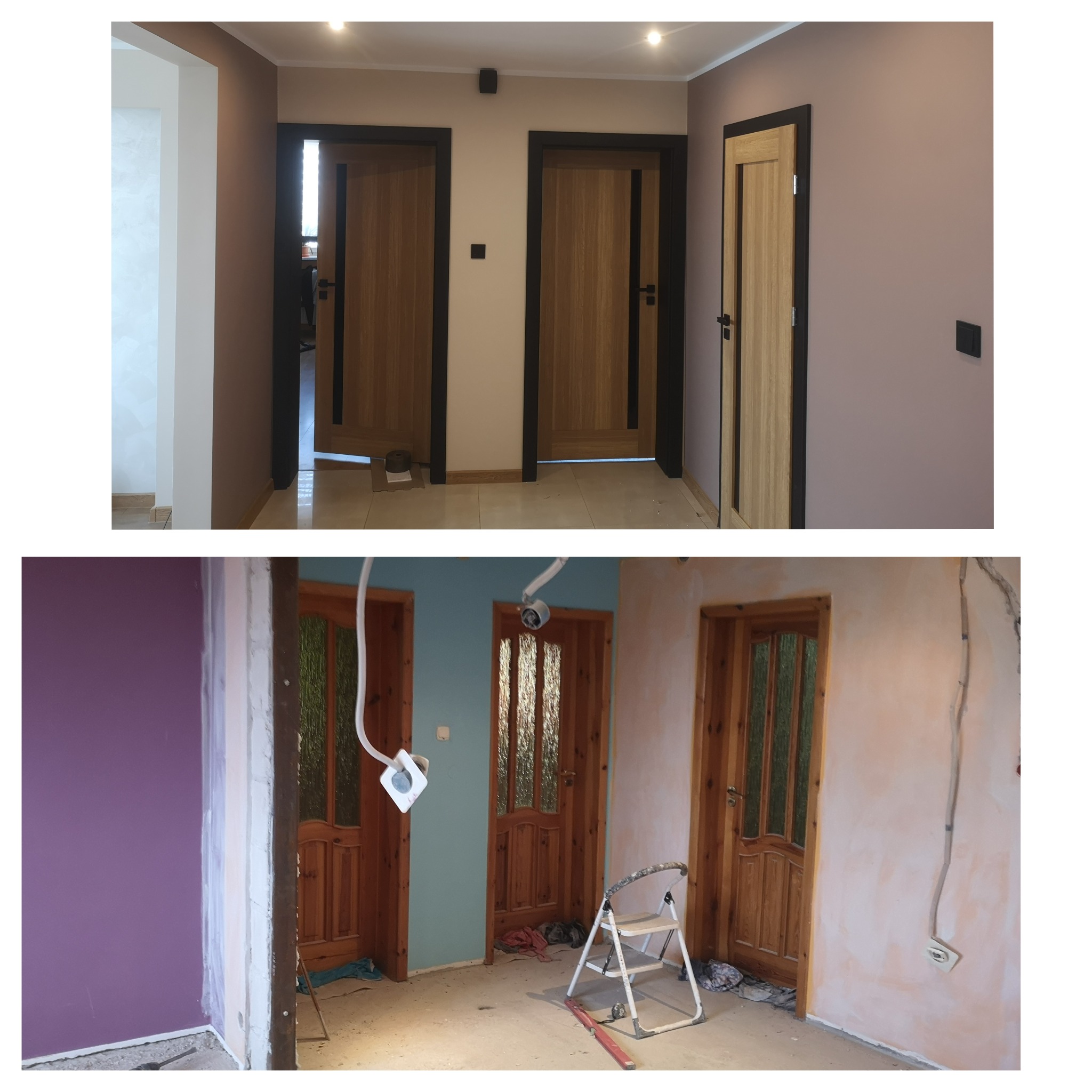 Remont wnętrza: porównanie stanu przed i po. Na górze: wykończony korytarz z drewnianymi drzwiami i pomalowanymi ścianami. Na dole: korytarz w trakcie remontu, widoczne instalacje.
