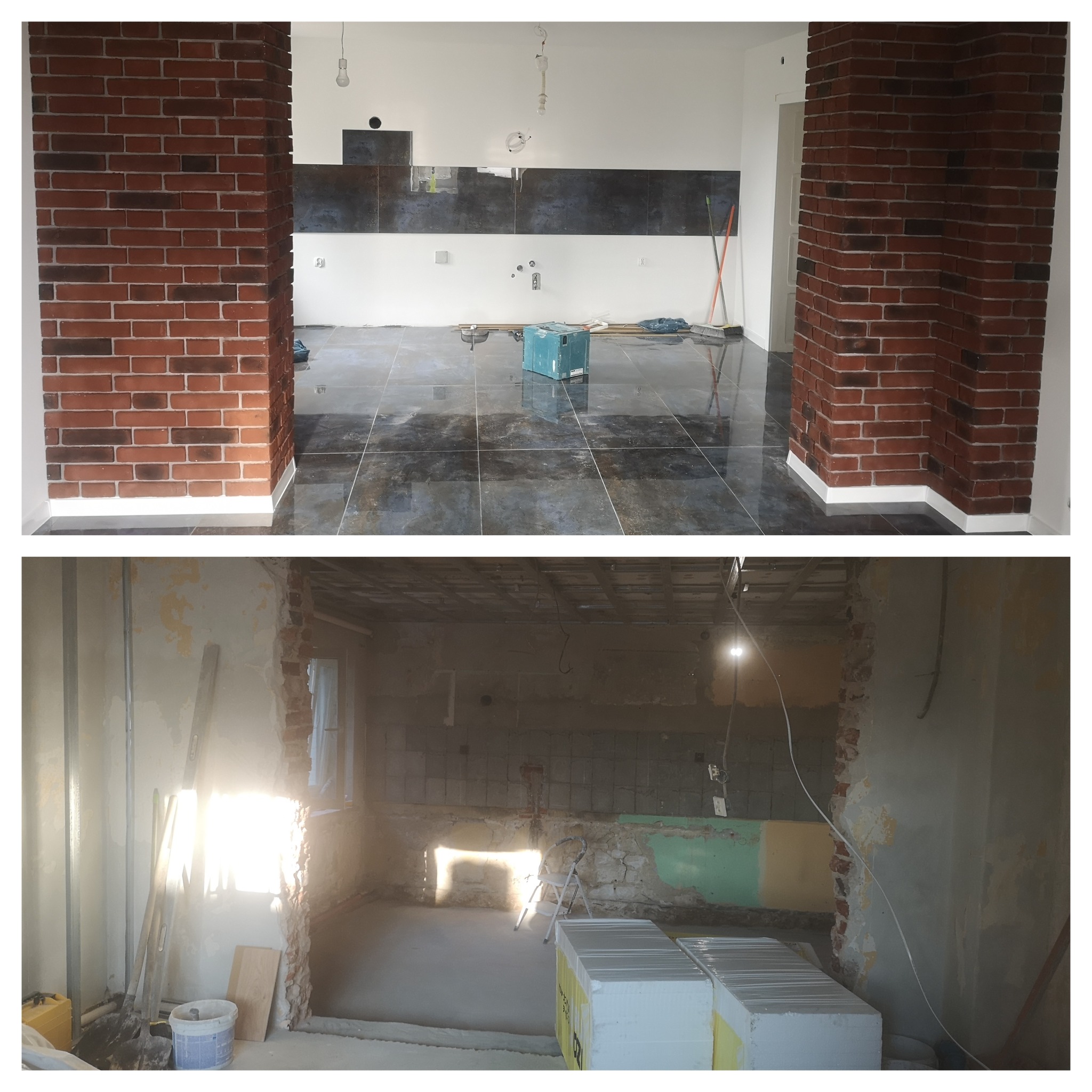 Zdjęcie typu 'przed i po' prezentujące remont kuchni: dolne ujęcie ukazuje stan surowy, górne - wykończone wnętrze z ceglanymi filarami, płytkami i podłogą.