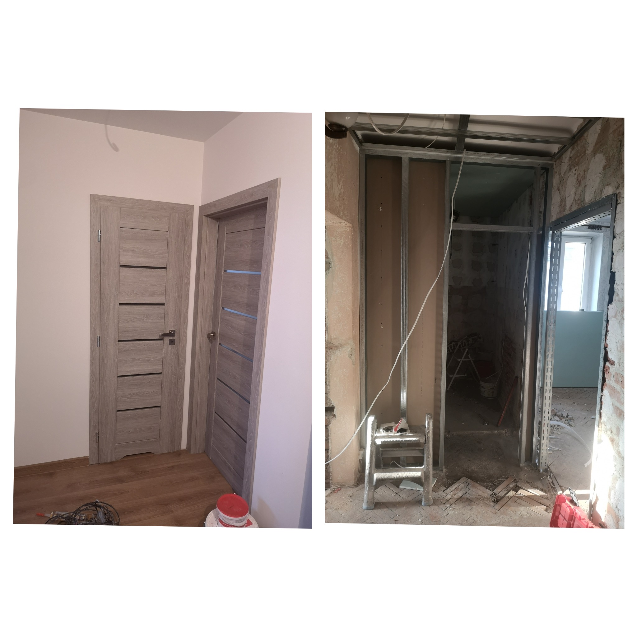 Dwa ujęcia: po lewej zamontowane szare drzwi z poziomymi przeszkleniami, po prawej metalowa konstrukcja ścianki działowej i sufitu podwieszanego w trakcie prac.