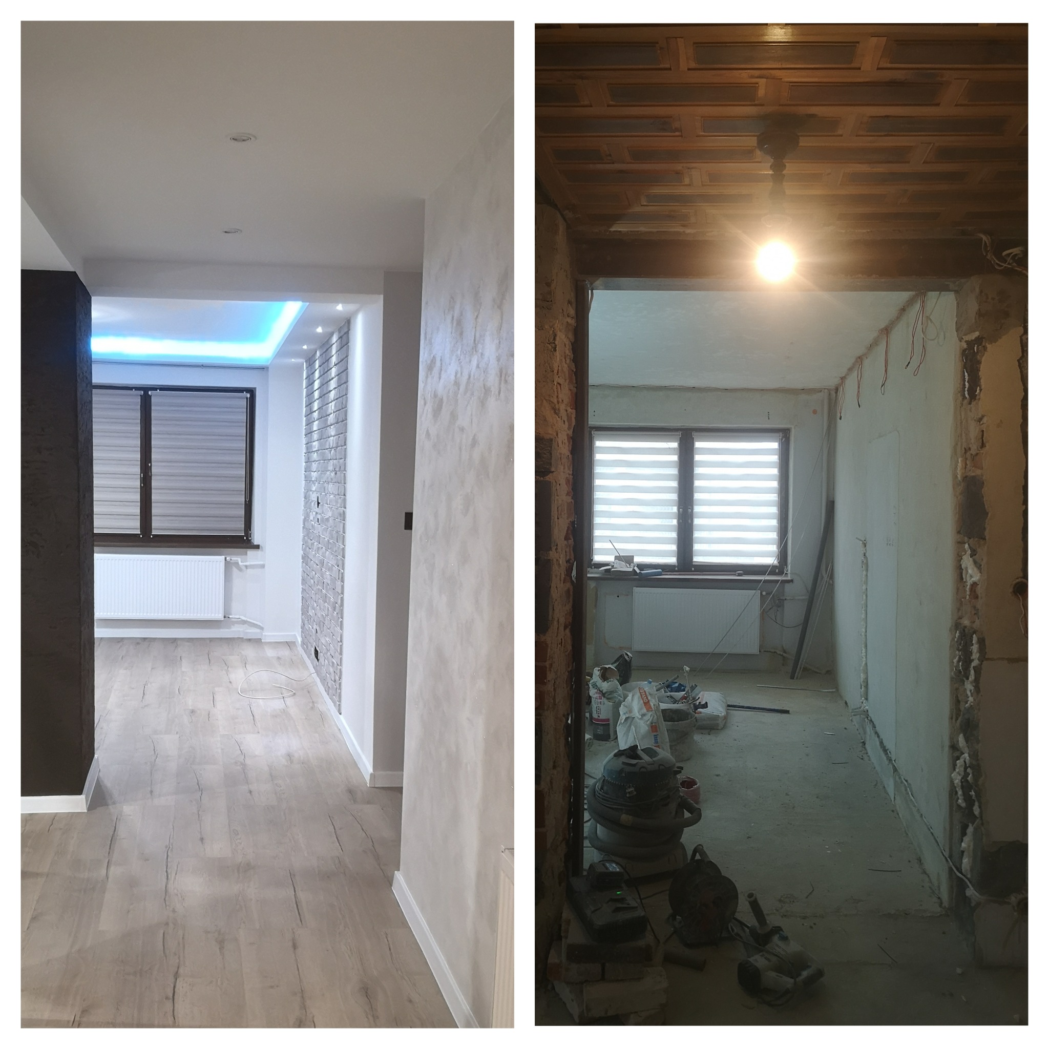 Zdjęcie 'przed i po' remontu: zmodernizowany korytarz z panelami i cegłą dekoracyjną vs. surowy stan z odsłoniętą instalacją i resztkami gruzu. Kontrastowe oświetlenie.