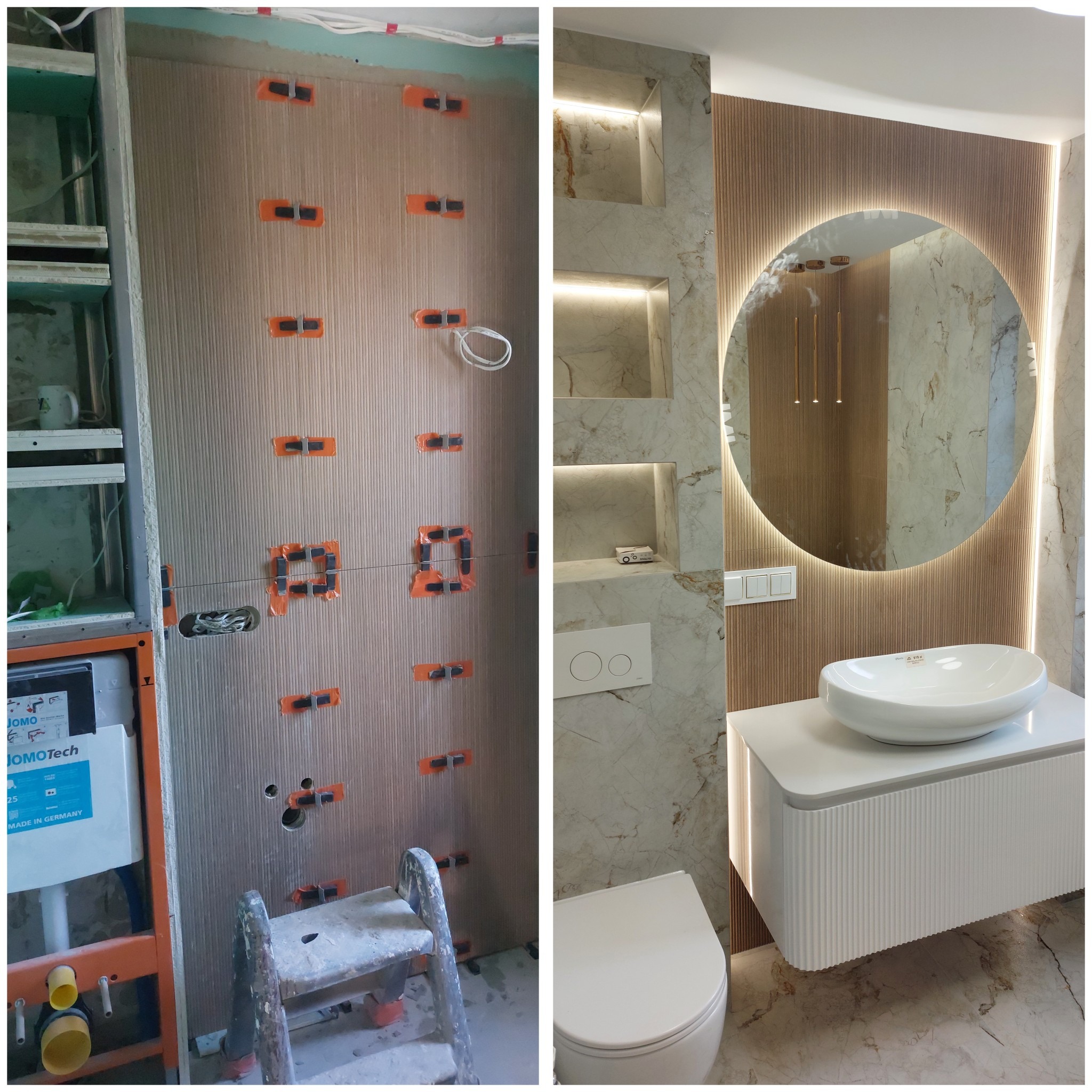 Zdjęcie 'przed i po' prezentujące metamorfozę łazienki: od surowego stanu z elementami montażowymi po eleganckie wykończenie z oświetleniem i okrągłym lustrem.