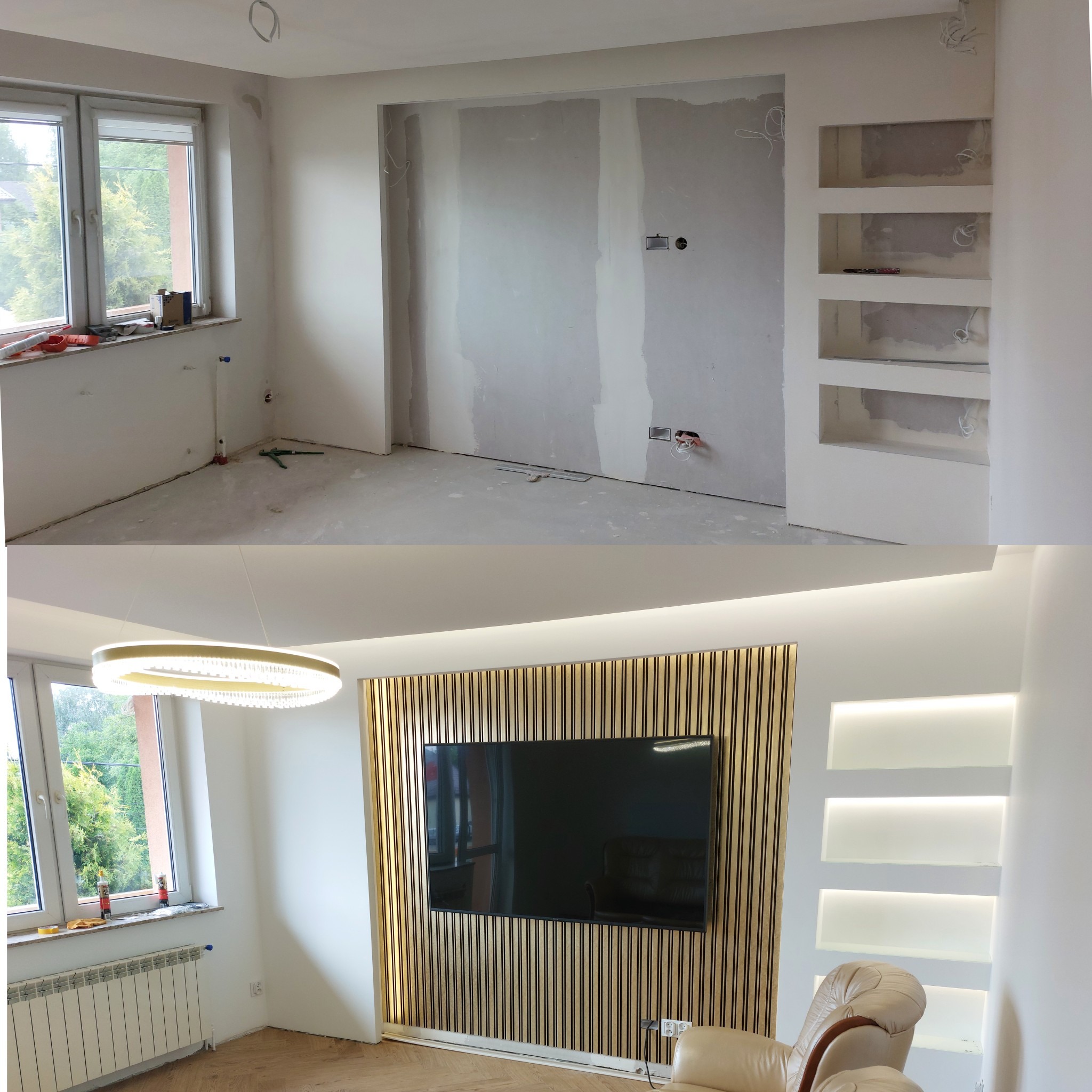 Zdjęcie 'przed i po' prezentujące metamorfozę pokoju: od stanu surowego z płytami gipsowymi do wykończonego wnętrza z drewnianą ścianą TV i podświetlanymi półkami.