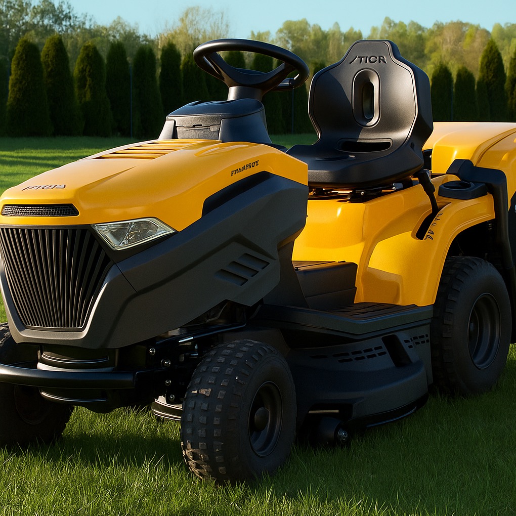 Żółty traktorek do trawy Stiga na zielonym trawniku, widok z przodu, czarne detale, drzewa w tle. Sprzęt ogrodniczy.