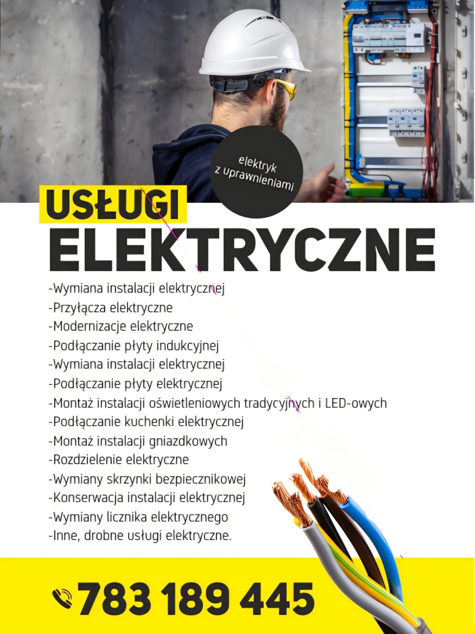 Elektryk w kasku obok skrzynki elektrycznej. Reklama usług: wymiana, przyłącza, podłączanie płyt, montaż oświetlenia, rozdzielenie, konserwacja instalacji.