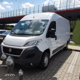 Biały furgon Fiat Ducato zaparkowany na brukowanym parkingu z dodatkami graficznymi: figurki zwierząt, drzewa i odbicie innego pojazdu na wiadukcie w szybie.