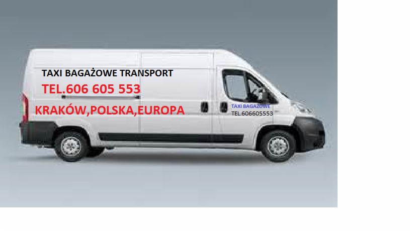 Biały bus z napisem 'TAXI BAGAŻOWE TRANSPORT' oraz numerem telefonu i informacją o obszarze działania: Kraków, Polska, Europa.
