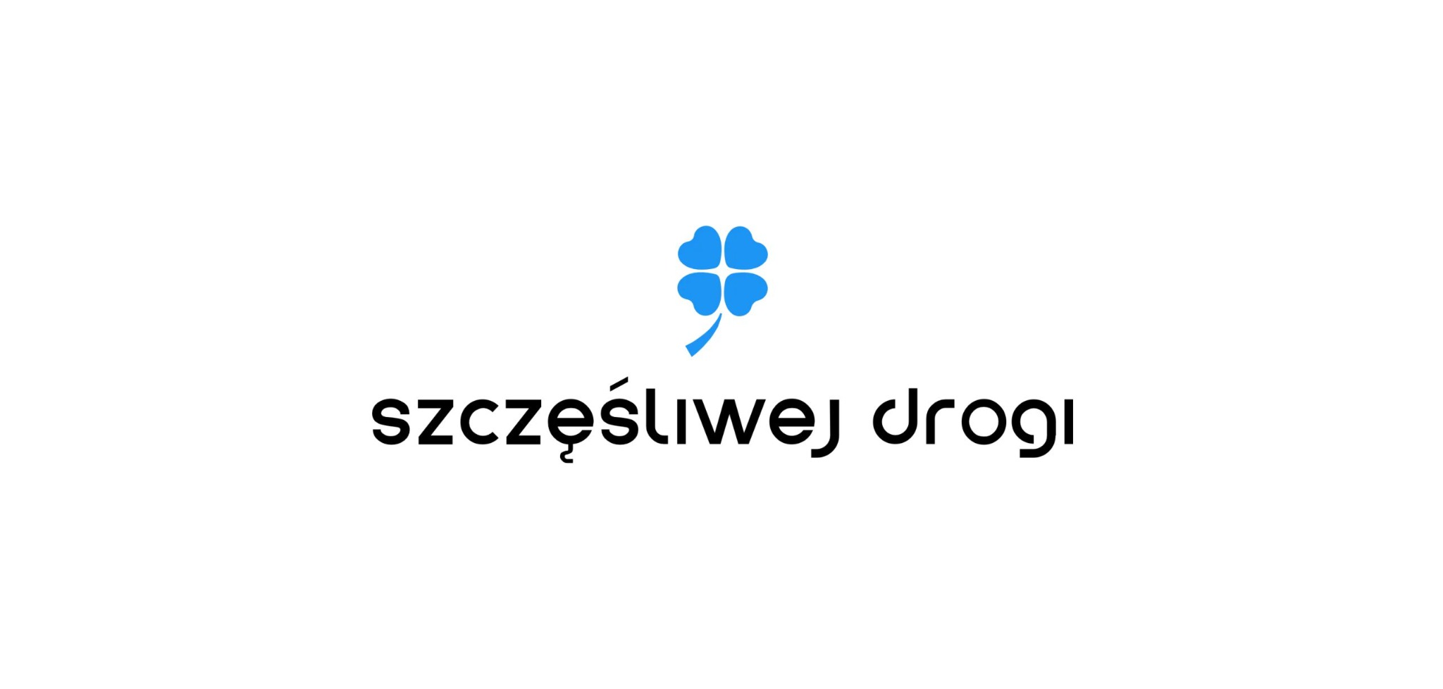 Logo 'szczęśliwej drogi' z niebieską koniczynką na białym tle. Minimalistyczny design, czcionka bezszeryfowa. Grafika strony internetowej.