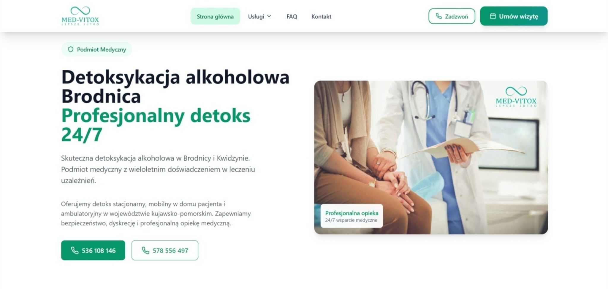 Strona internetowa Med-Vitox z Brodnicy i Kwidzyna, specjalizującej się w detoksykacji alkoholowej. Widoczne menu, logo i grafika z lekarzem i pacjentką.