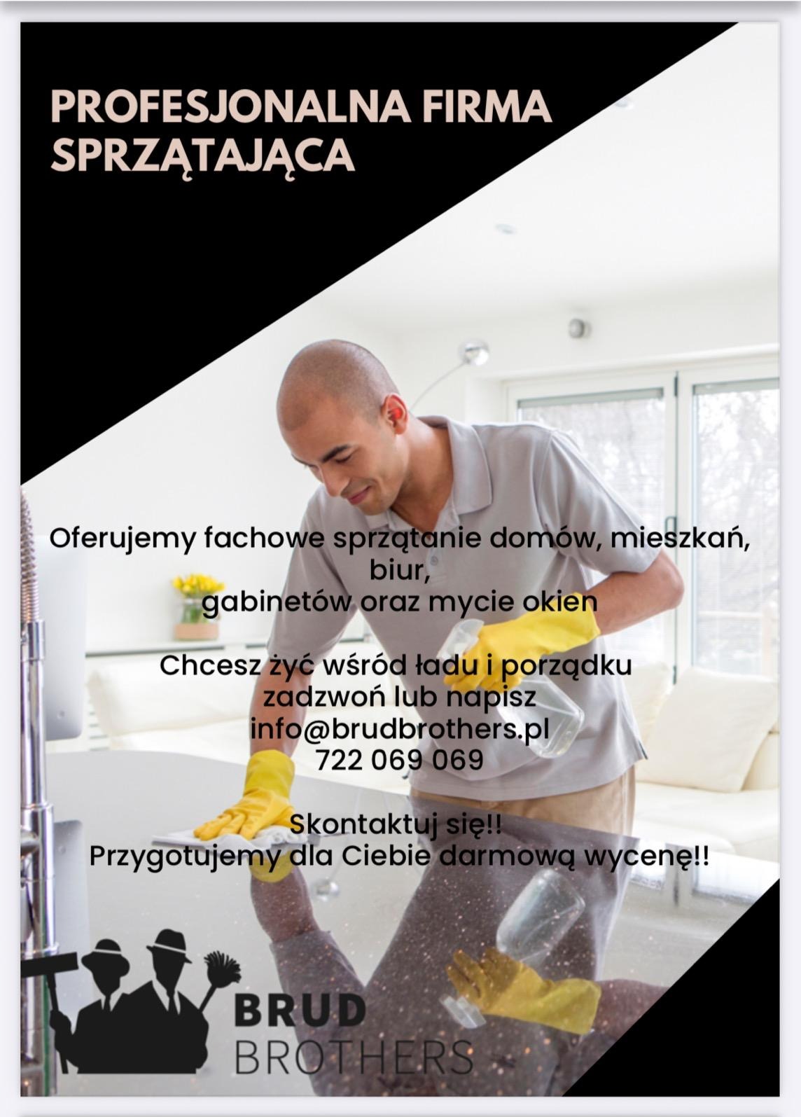 Profesjonalna firma sprzątająca oferuje sprzątanie domów, mieszkań, biur i mycie okien. Na zdjęciu pracownik w trakcie czyszczenia powierzchni w żółtych rękawicach.