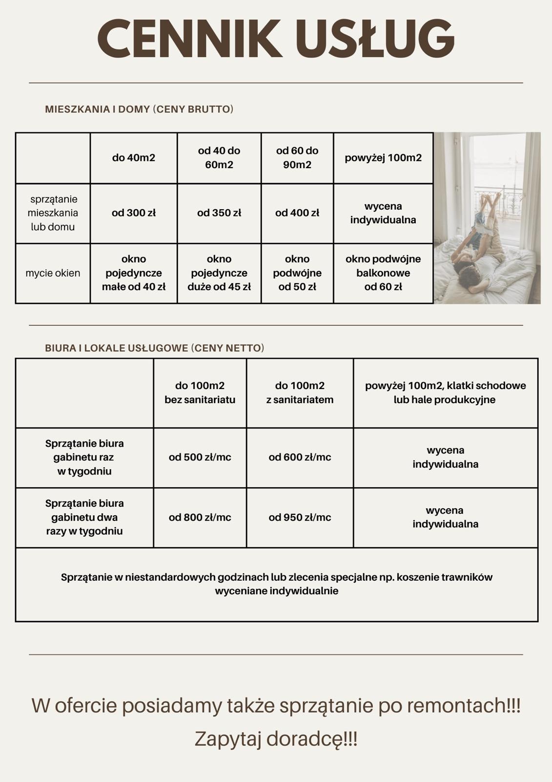 Cennik usług sprzątania mieszkań, domów, biur i mycia okien z podziałem na metraż i rodzaj. Zawiera ceny brutto i netto oraz informację o sprzątaniu po remontach.