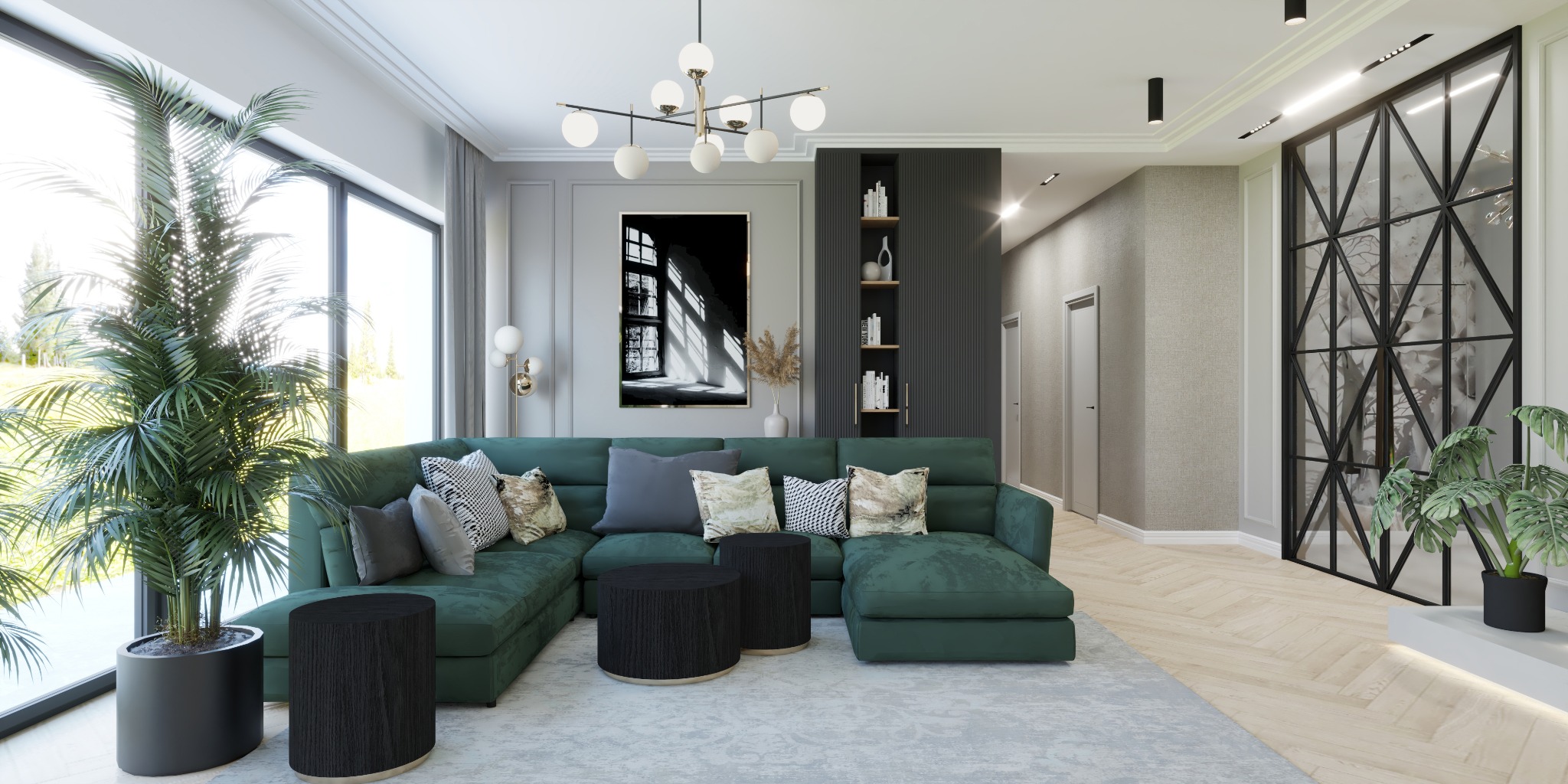 Stylowy salon w Lublinie z zieloną sofą modułową, czarnymi stolikami i wysokimi oknami. Nowoczesne oświetlenie i dekoracje tworzą przytulną atmosferę.