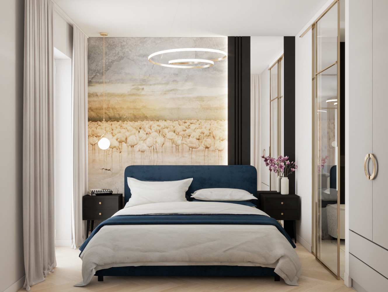 Stylowa sypialnia z łóżkiem w kolorze granatu, dekoracyjnym oświetleniem i tapetą z motywem flamingów. Obok szafka nocna i przesuwne drzwi do garderoby.
