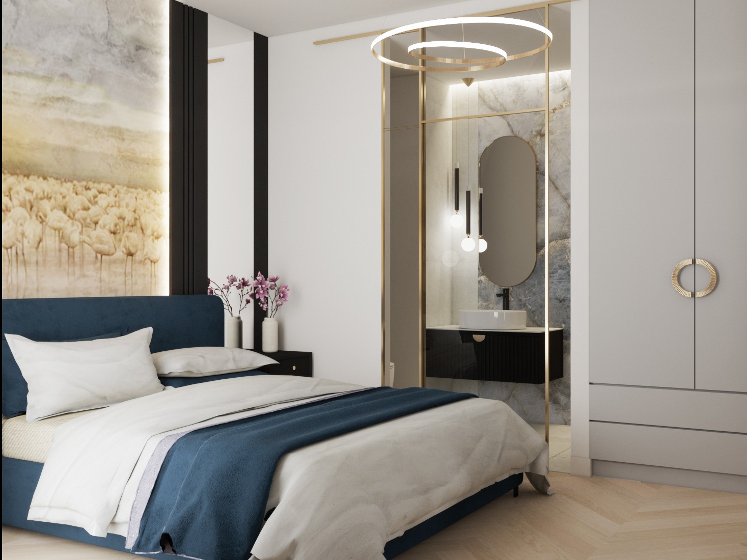 Elegancka sypialnia w odcieniach bieli i granatu z łazienką en-suite. W tle obraz z motywem ptaków. Okrągła, nowoczesna lampa sufitowa.