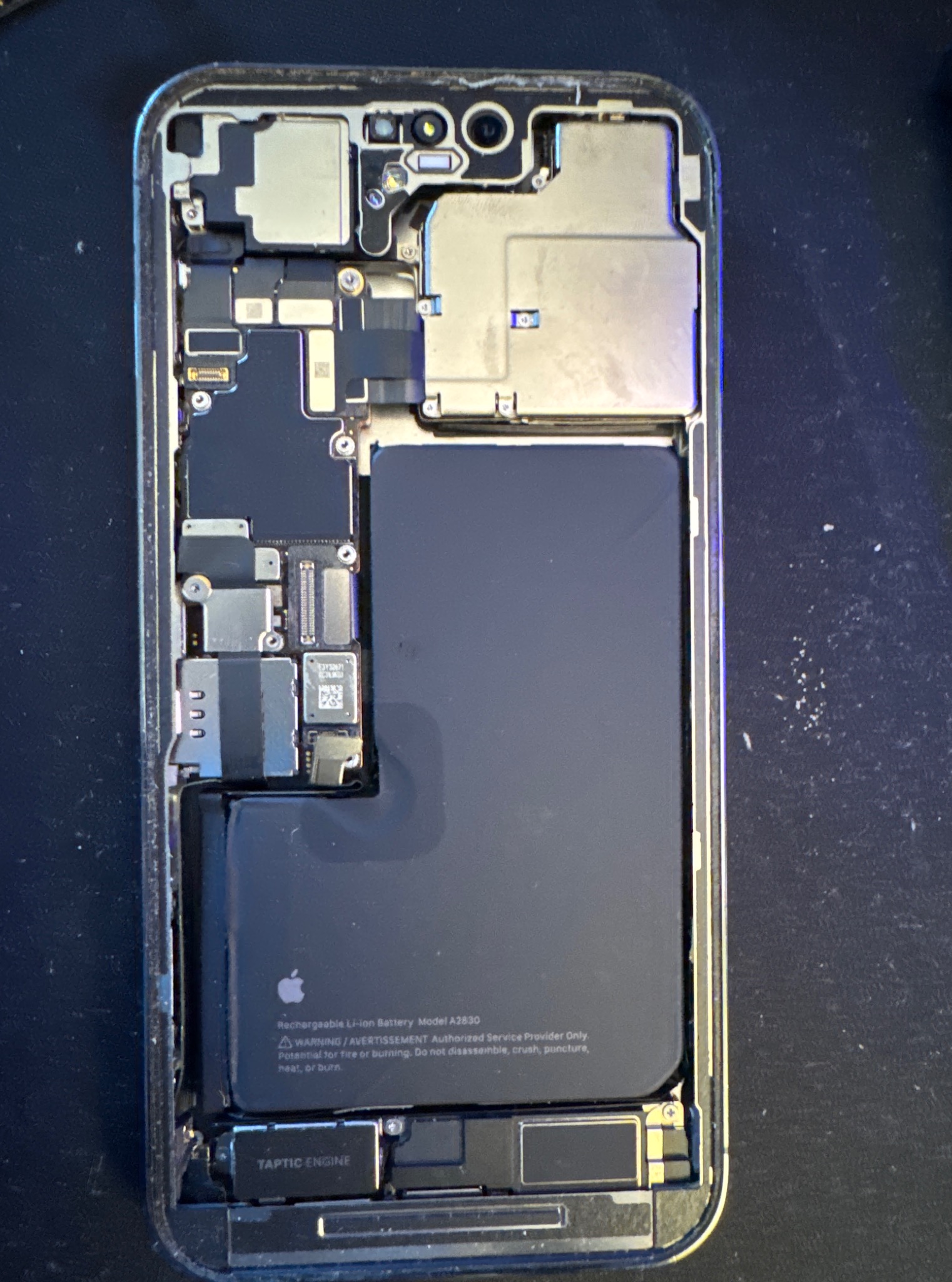 Wnętrze rozłożonego iPhone'a z widoczną baterią, płytą główną i innymi komponentami. Ukazany etap demontażu w serwisie telefonów. Widoczny napis 'TAPTIC ENGINE'.