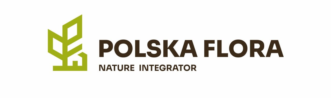 Logo firmy Polska Flora z zielonym symbolem roślinnym i napisem 'NATURE INTEGRATOR'.