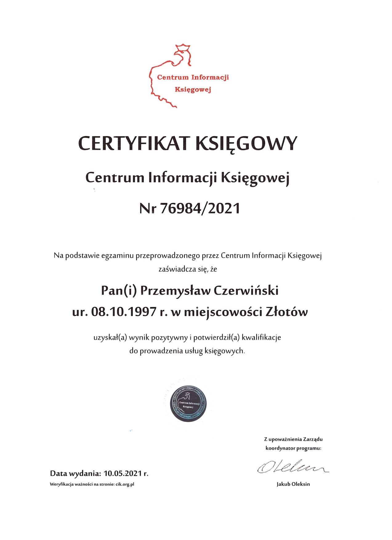 Certyfikat księgowy Centrum Informacji Księgowej