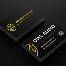 Eleganckie, czarne wizytówki Owl Audio z żółtym logo sowy i danymi kontaktowymi, ułożone w stosy na ciemnym tle. Minimalistyczny design, wysoka jakość druku.