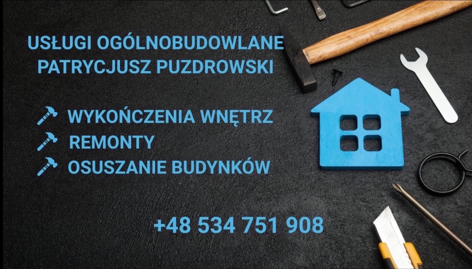 Usługi ogólnobudowlane: młotek, klucz, nóż, dom z okienkami. Wykończenia wnętrz, remonty, osuszanie budynków. Kontakt: +48 534 751 908.