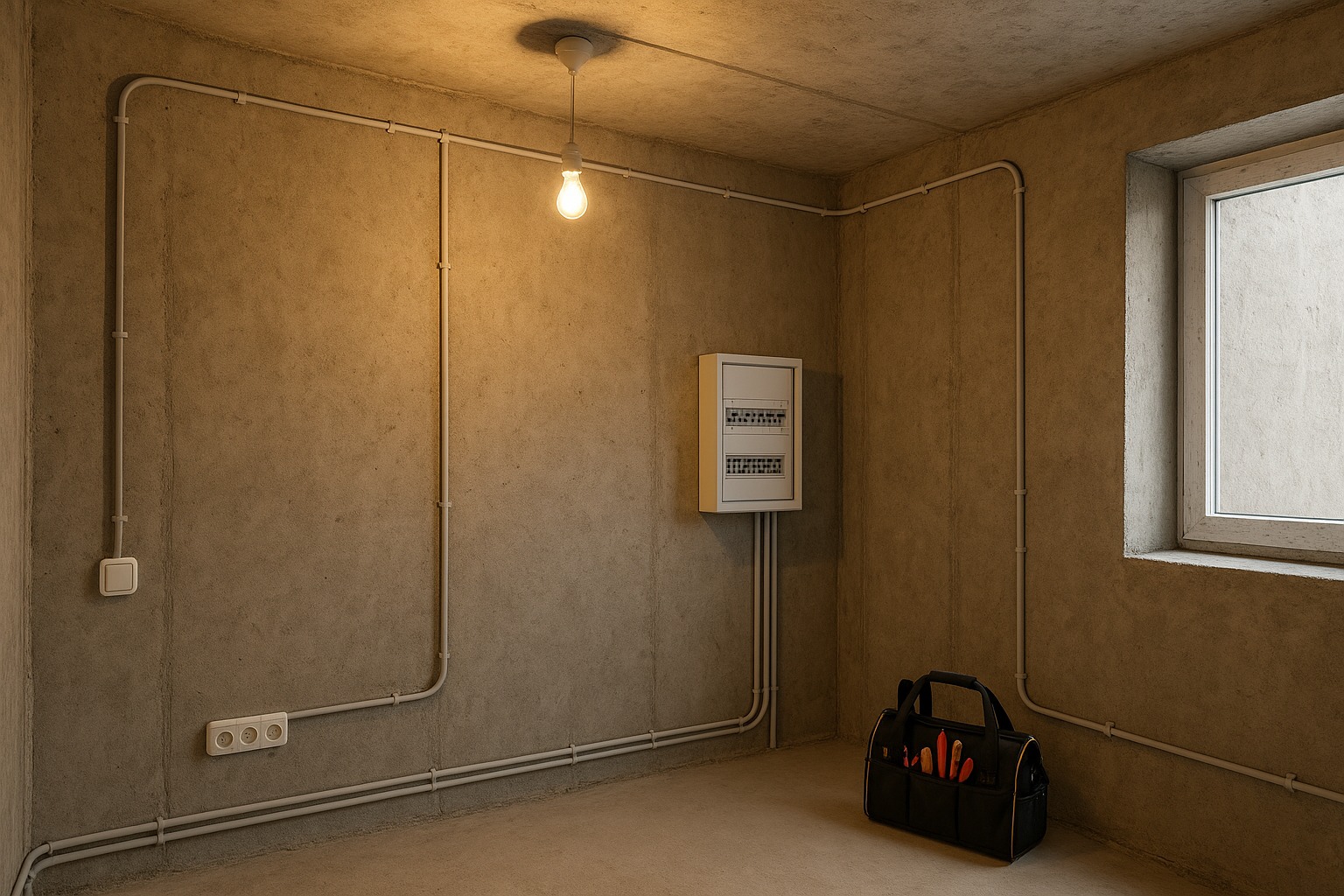 Surowy pokój z widoczną instalacją elektryczną w peszlach, skrzynką rozdzielczą, gniazdkami i włącznikiem. Na podłodze torba z narzędziami.
