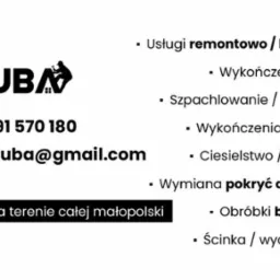 Czarno-biały baner firmy budowlanej PAUBA z zakresem usług: remonty, wykończenia, dekarstwo, obróbki blacharskie i wycinka drzew. Kontakt: telefon i email.