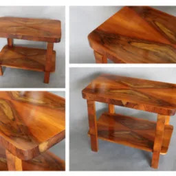 Stolik art deco z forniru orzechowego, po renowacji. Widoczne usłojenie drewna i zaokrąglone krawędzie blatu. Precyzyjna intarsja na powierzchniach.