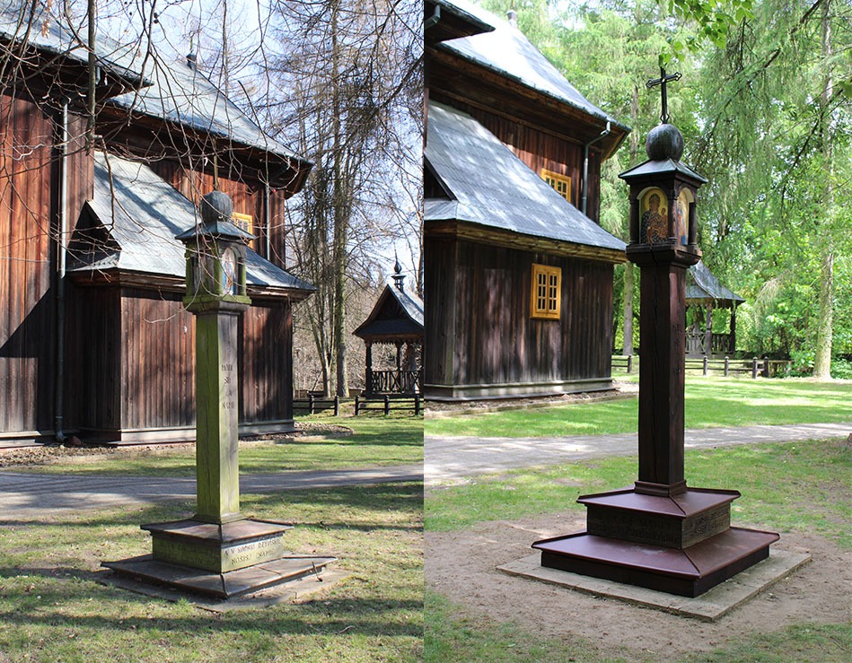 Porównanie: drewniana kapliczka słupowa przed i po renowacji. Po lewej: wyblakła z inskrypcjami. Po prawej: odnowiona, z ikonami i krzyżem.