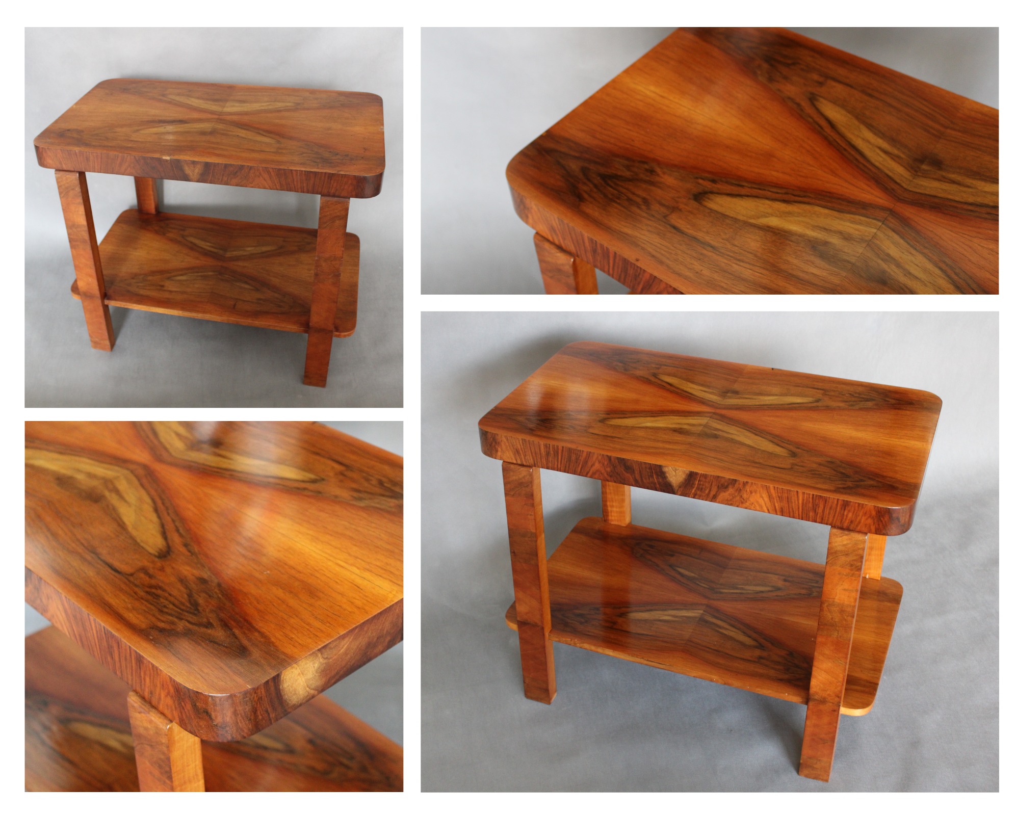 Stolik art deco z forniru orzechowego, po renowacji. Widoczne usłojenie drewna i zaokrąglone krawędzie blatu. Precyzyjna intarsja na powierzchniach.