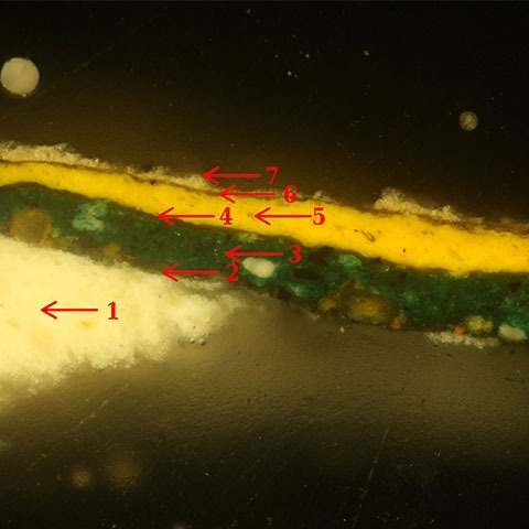 Przekrój warstw farby na zabytkowym obiekcie pod mikroskopem, z numeracją i strzałkami wskazującymi poszczególne warstwy. Widoczne różne kolory i struktury.